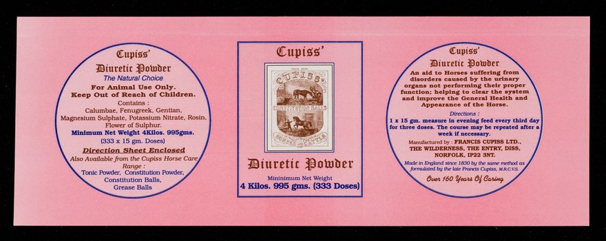 Cupiss' Diuretic Powder : minimum net weight 4 kilos. 995 gms. (333 doses) / Francis Cupiss Ltd.