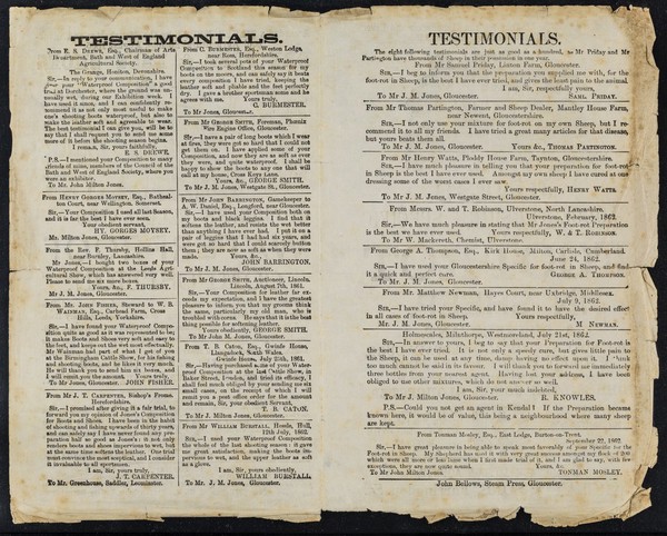 Dry feet and easy shoes... : Jones's celebrated waterproof composition... : Jones's Gloucestershire Specific for foot-rot in sheep : a disinfectant : the most speedy and certain cure, without injury to the foot / manufactured and sold wholesale, retail, and for exportation, by John Milton Jones, Gloucester.