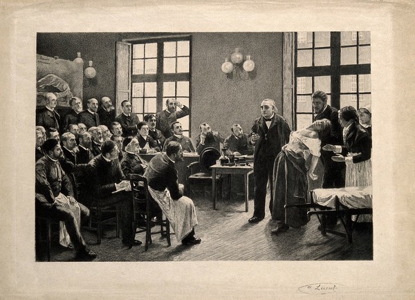 Jean-Martin Charcot demonstrating hysteria in a hypnotised patient at the Salpêtrière. Etching by A. Lurat, 1888, after P.A.A. Brouillet, 1887.