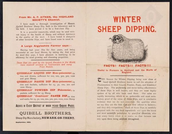 Winter sheep dipping : Facts! Facts!! Facts!!! : useful to farmers in Scotland and the north of England... / Quibell Brothers.