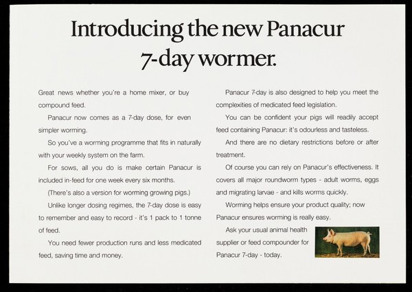 Worming is now easier than ever : [introducing the new Panacur 7-day wormer] / [Hoechst Animal Health.]