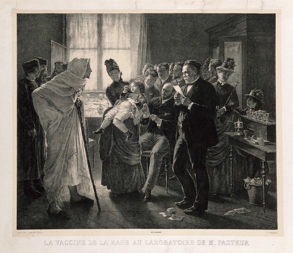 Rabies vaccination in Pasteur's laboratory in Paris. Lithograph by F. Pirodon, 188-, after L.-L. Gsell.