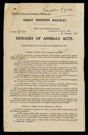 Diseases of animals acts : conveyance of live poultry order of 1919 / C.A. Roberts.