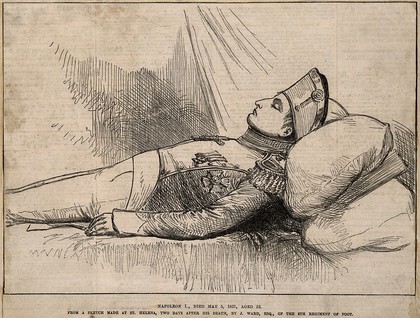The body of Napoleon Bonaparte laid out after death, 1821. Wood engraving after J. Ward.