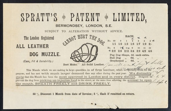 The London registered all leather dog muzzle : (ease, fit & durability) : cannot hurt the dog : best make : all solid leather... / Spratt's Patent Limited.