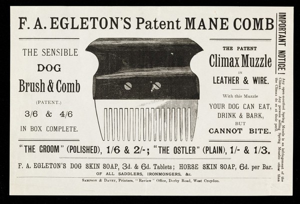 F. A. Egleton's patent mane comb : the sensible dog brush & comb (patent)...