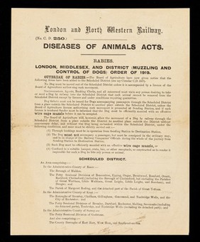 Diseases of animals acts : rabies : London, Middlesex, and district (muzzling and control of dogs) order of 1919... / I.T. Williams.