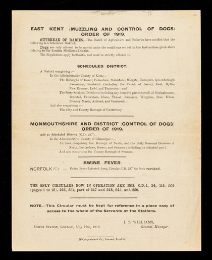 Diseases of animals acts : rabies : London, Middlesex, and district (muzzling and control of dogs) order of 1919... / I.T. Williams.