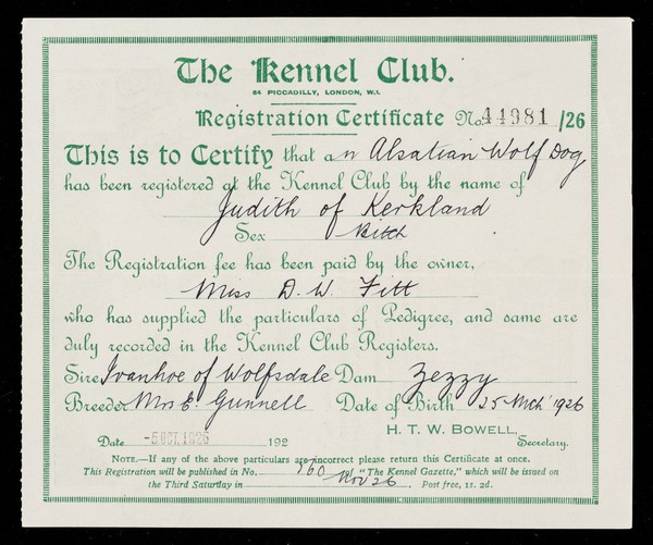 Registration certificate No. 44984/26... / The Kennel Club.