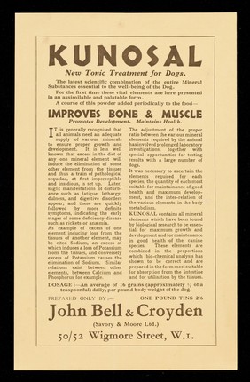 Kunosal : new tonic treatment for dogs... / John Bell & Croyden (Savory & Moore Ltd.).