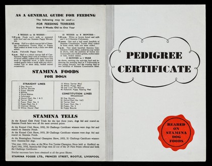 Pedigree certificate : reared on Stamina dog foods / Stamina Foods Ltd.