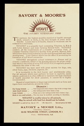 Savory & Moore's Vitavet : the vitamin veterinary food... / Savory & Moore Ltd.