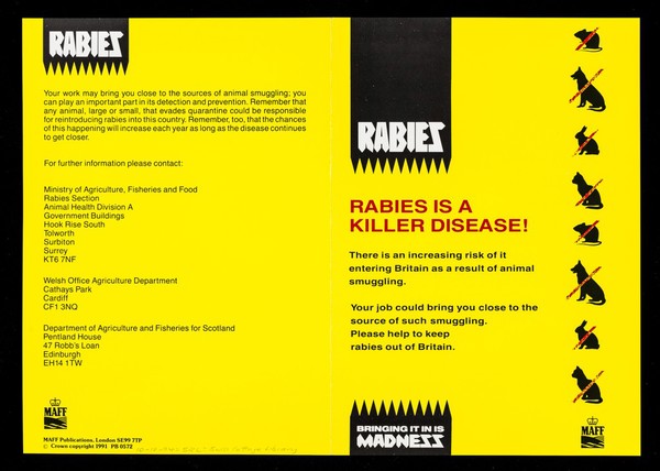 Rabies : rabies is a killer disease! : there is an increasing risk of it entering Britain as a result of animal smuggling : your job could bring you close to the source of such smuggling. Please help to keep rabies out of Britain : bringing it in is madness / MAFF.