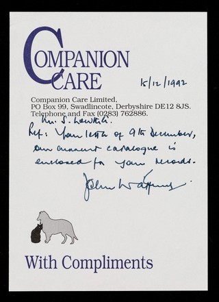 Companion Care : Companion Care Limited, PO Box 99, Swadlincote, Derbyshire DE12 8JS : telephone and fax (0283) 762886 : with compliments.