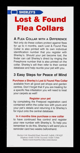 We've lost your fleas : we don't want to lose you! : why buy an ordinary flea collar when you could buy a unique one that also identifies your pet if it wanders from home? / Sherley's Ltd.