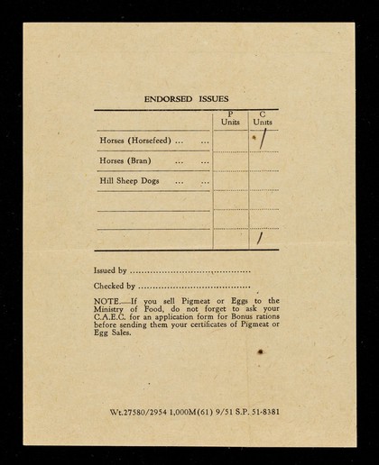 Coupon issues for the month of ... 195- : Feeding stuffs coupons, for your farm livestock, are enclosed as listed below... / Cambridge A.E.C., Feeding Stuffs Department.