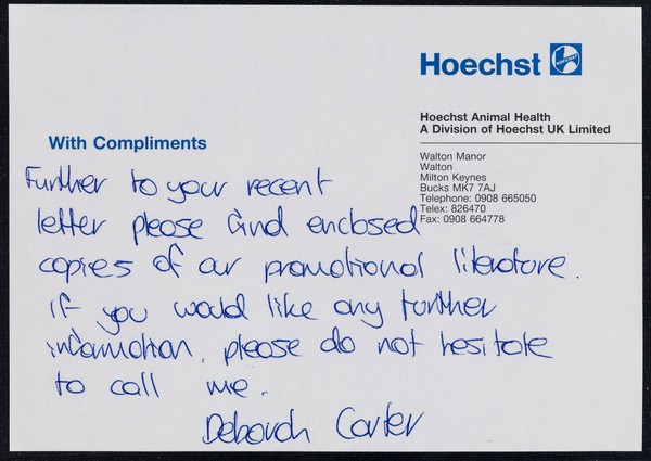 With compliments / Hoechst Animal Health, a division of Hoechst UK Ltd.