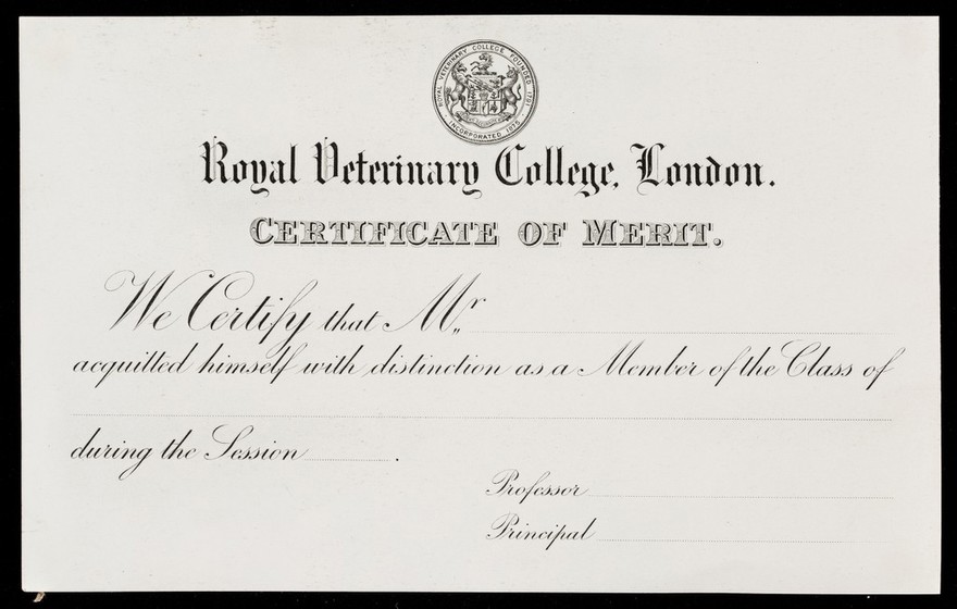 Certificate of merit / Royal Veterinary College.
