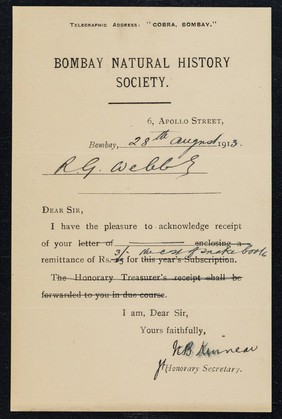 Dear Sir, I have the pleasure to acknowledge receipt of your letter of ... / Bombay Natural History Society.