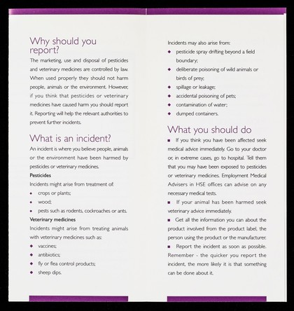 Pesticides and veterinary medicines : reporting incidents : guidance for the general public / Health and Safety Executive.