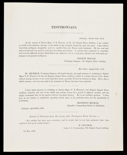 Hull, 17th November, 1866 : Dear gentlemen, in answer to your advertisement, I beg to offer myself as a candidate for the office of Veterinary Surgeon to your honourable Board ... / T.B. Wright.