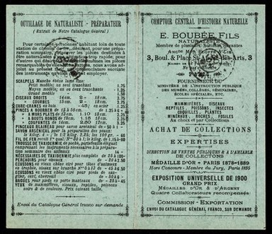 Fournisseur du Ministère de L'Instruction Publique des Musées, Collèges, Séminaires, Écoles spéciales, etc. : mammifères, oiseaux, reptiles, poissons, insectes, coquilles, plantes, minéraux, roches, fosiles au choix et par collections ... / E. Boubée Fils.
