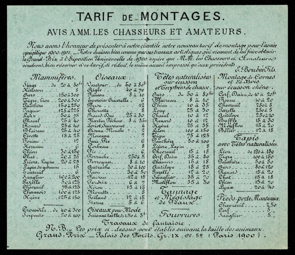 Fournisseur du Ministère de L'Instruction Publique des Musées, Collèges, Séminaires, Écoles spéciales, etc. / mammifères, oiseaux, reptiles, poissons, insectes, coquilles, plantes, minéraux, roches, fosiles au choix et par collections ... / E. Boubée Fils.