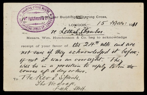 Messrs. Wm. Hutchinson & Co. beg to acknowledge receipt of your favor of ...