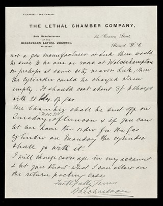 The Lethal Chamber Company : sole manufacturers of the Richardson Lethal Chamber, patented : 25, Craven Street, Strand, W.C.