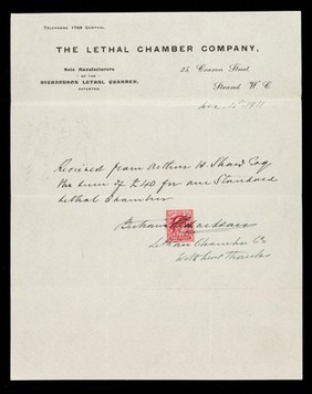 The Lethal Chamber Company : sole manufacturers of the Richardson Lethal Chamber, patented : 25, Craven Street, Strand, W.C.