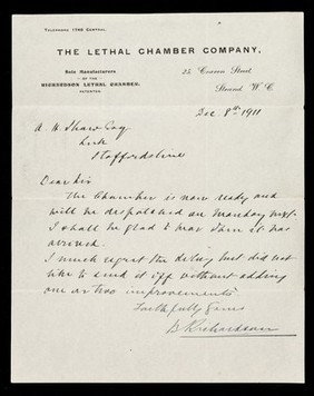 The Lethal Chamber Company : sole manufacturers of the Richardson Lethal Chamber, patented : 25, Craven Street, Strand, W.C.