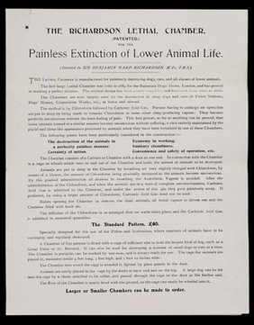 The Richardson Lethal Chamber, (patented) : for the painless extinction of lower animal life / Lethal Chamber Company.