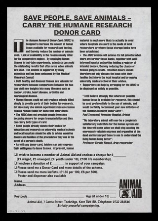 Their life is in your hands : carry the humane research donor card / Animal Aid.