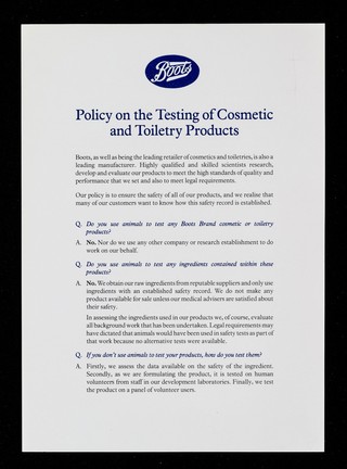 Boots policy on the testing of cosmetic and toiletry products / Boots Company PLC.