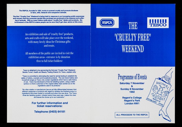 The "cruelty free" weekend : programme of events : Saturday 7 November & Sunday 8 November 1992, Regent's College, Regent's Park, London NW1 : all proceeds to the RSPCA / RSPCA, Tesco.