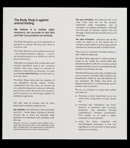 The Body Shop approach : against animal testing / The Body Shop International PLC.
