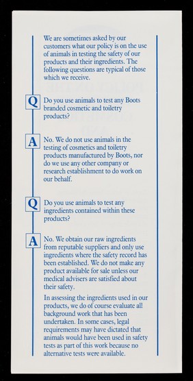 Boots policy on the testing of cosmetics and toiletries products / Boots.