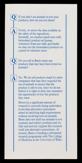 Boots policy on the testing of cosmetics and toiletries products / Boots.
