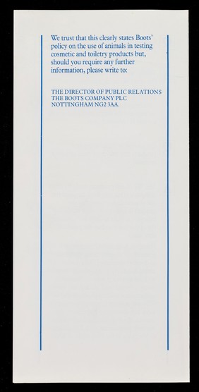 Boots policy on the testing of cosmetics and toiletries products / Boots.