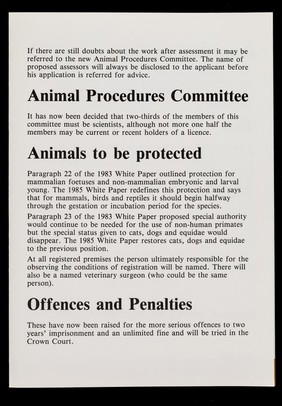 Government proposals for the reform of the 1876 cruelty to animals act : summary of the supplemantary white paper (Cmnd. 9521) : Scientific procedures on living animals / Research Defence Society.