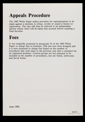 Government proposals for the reform of the 1876 cruelty to animals act : summary of the supplemantary white paper (Cmnd. 9521) : Scientific procedures on living animals / Research Defence Society.