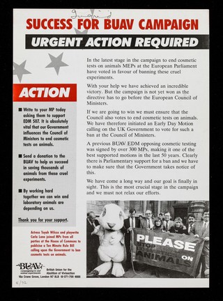 Europe says no to cosmetic tests on animals ... February 12th 1992 ... 3:1 majority / British Union for the Abolition of Vivisection.