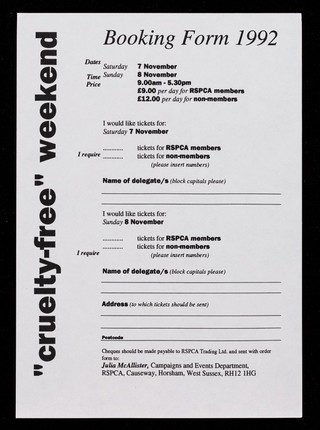 "Cruelty free" weekend : booking form 1992 / RSPCA.