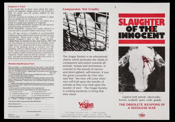 Slaughter of the innocent : captive bolt pistols, electrodes, knives, scalpels, guns, rods, goads... the obsolete weapons of a needless war / The Vegan Society.