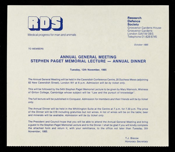 Annual general meeting, Stephen Paget memorial lecture, annual dinner : Tuesday, 12th November, 1985 / T.J. Biscoe, honorary secretary.