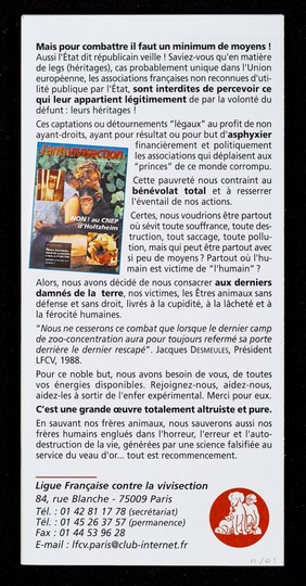 La vivisection et l'expérimentation animale : êtes-vous pour? / Ligue française contre la vivisection.