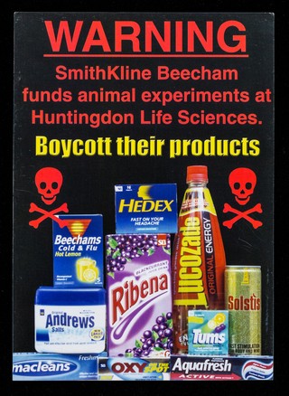 Warning : SmithKline Beecham funds animal experiments at Huntingdon Life Sciences : boycott their products / SHAC.