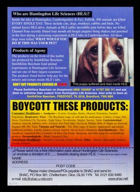 Warning : SmithKline Beecham funds animal experiments at Huntingdon Life Sciences : boycott their products / SHAC.