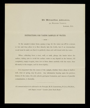 Instructions for taking samples of water / H.S. Carpenter.