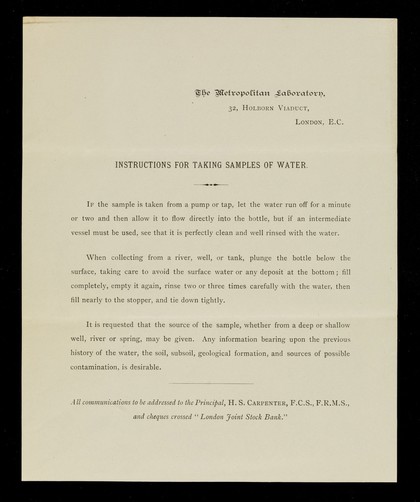 Instructions for taking samples of water / H.S. Carpenter.